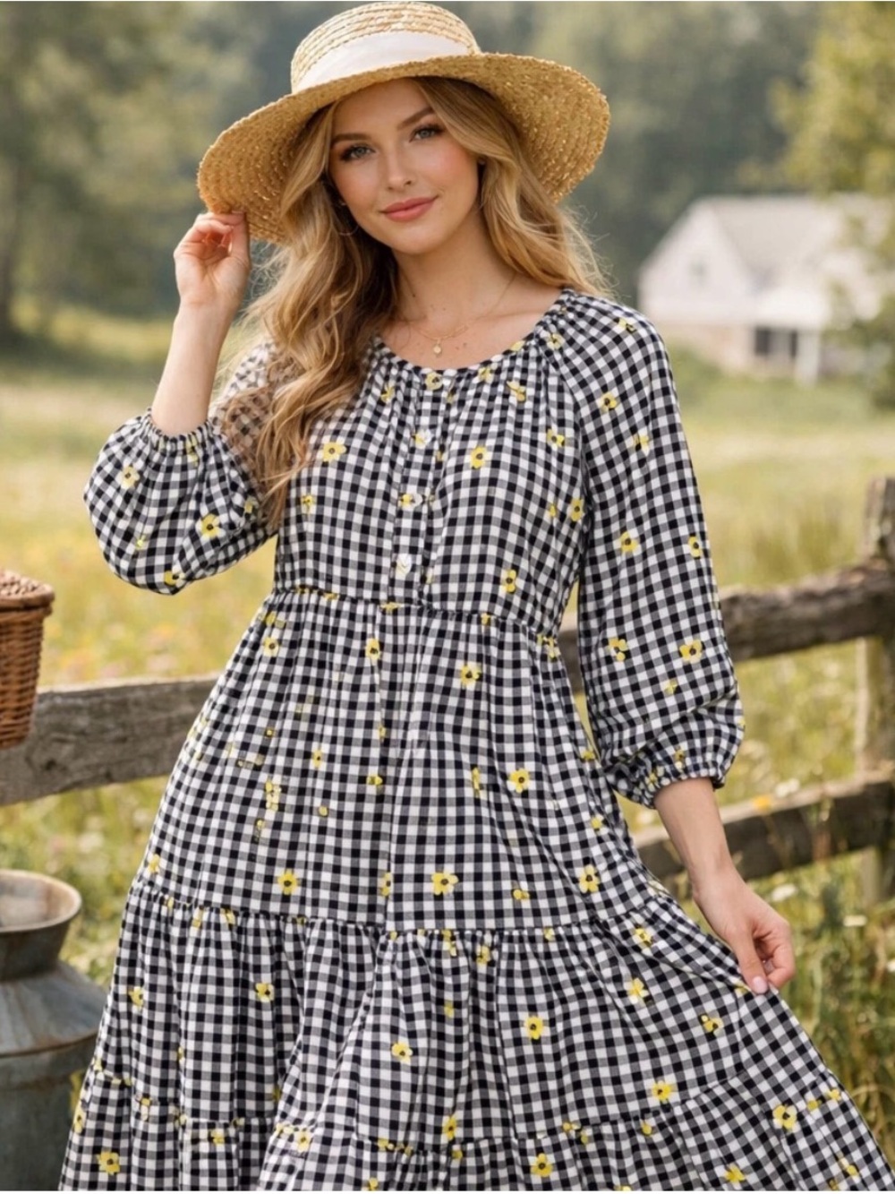 Old Navy Black Gingham Dress with Yellow Embroidered Flowers